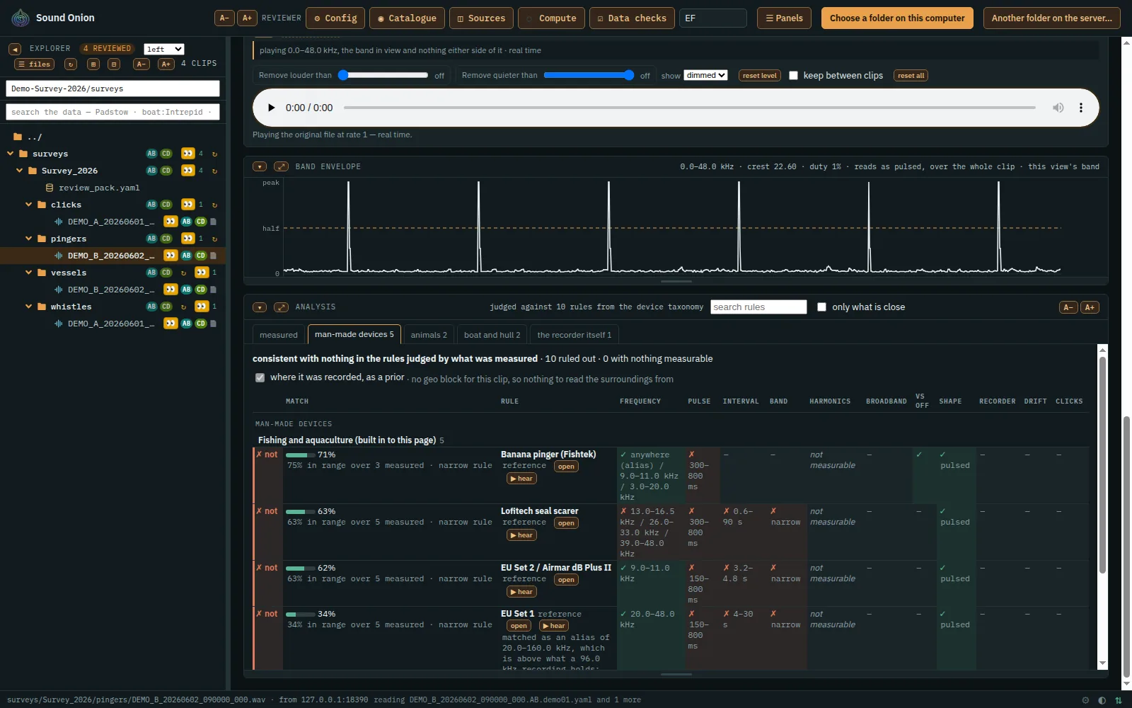 Analyse: a pinger's pulses measured and matched against the catalogue, each match with its percentage
