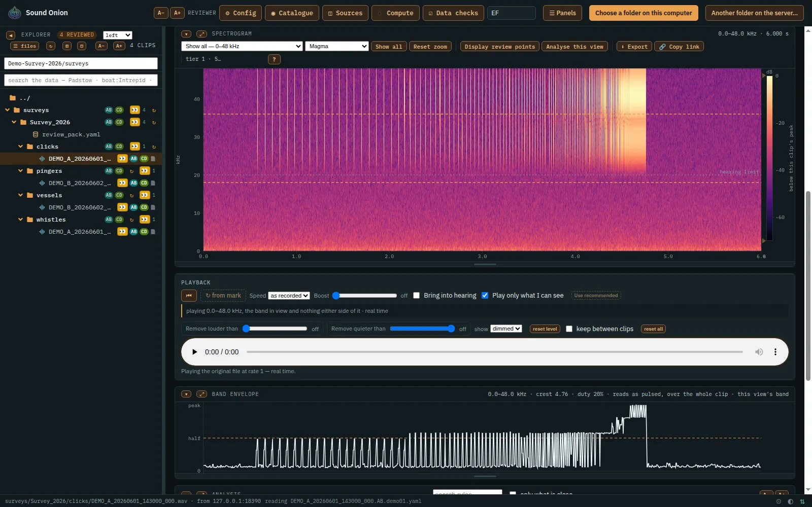 A click train speeding up into a buzz, in the spectrogram and the band envelope