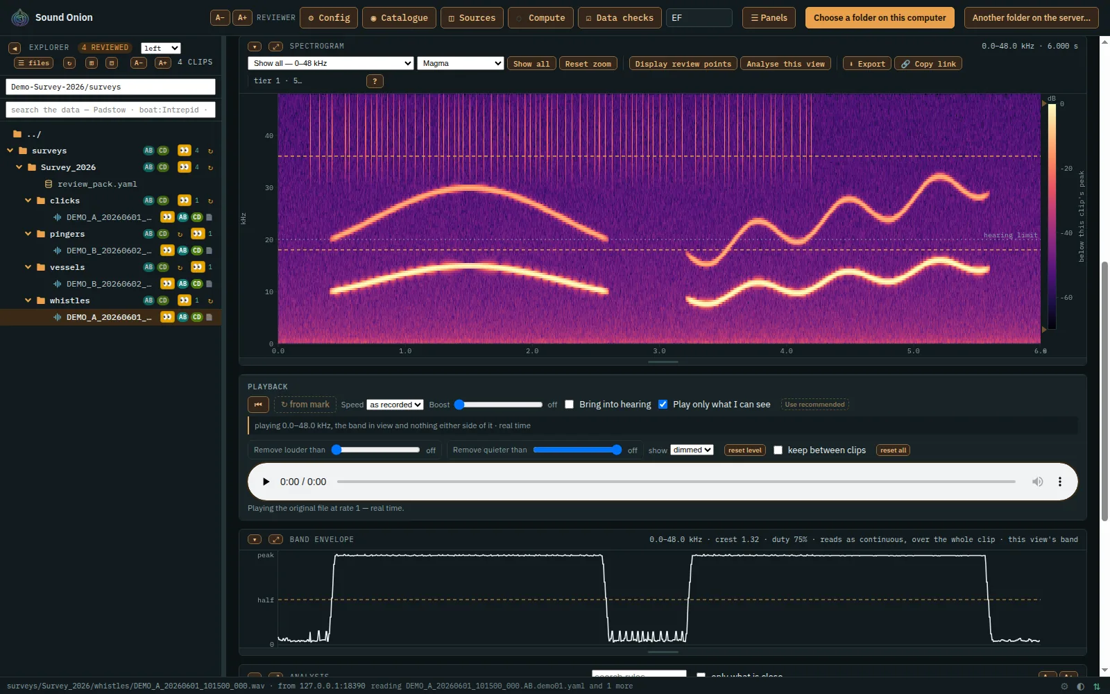 A spectrogram of whistles with their harmonics, with the playback controls below